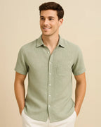 Sage green short sleeve viscose-linen shirt – men’s summer shirt front