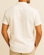 Back view of men’s white linen blend shirt – short sleeve smart casual look