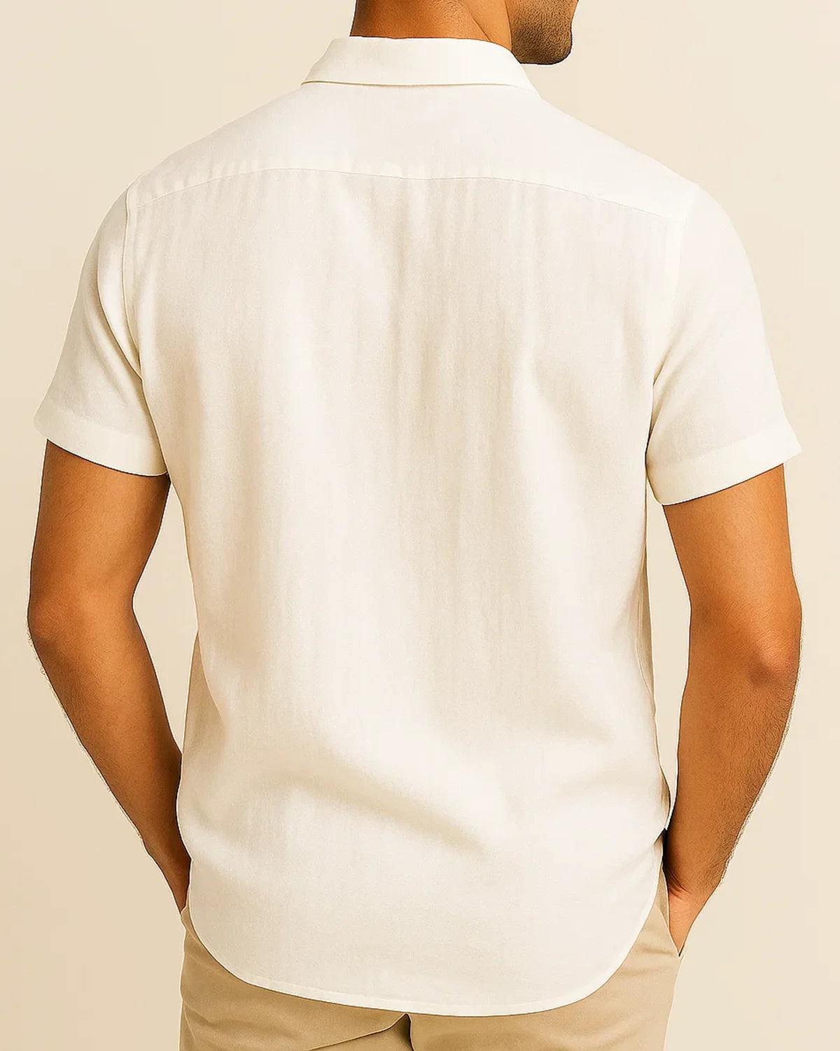 Back view of men’s white linen blend shirt – short sleeve smart casual look