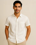 Bone white men’s linen viscose shirt – breathable short sleeve summer shirt front view