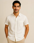 Bone white men’s linen viscose shirt – breathable short sleeve summer shirt front view