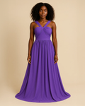 Arabella bandeau evening gown in purple, crafted from recycled polyester. Vegan, ethical fashion for black-tie events, wedding parties and red carpet. Ethically made by ADKN in London