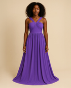 Arabella bandeau evening gown in purple, crafted from recycled polyester. Vegan, ethical fashion for black-tie events, wedding parties and red carpet. Ethically made by ADKN in London