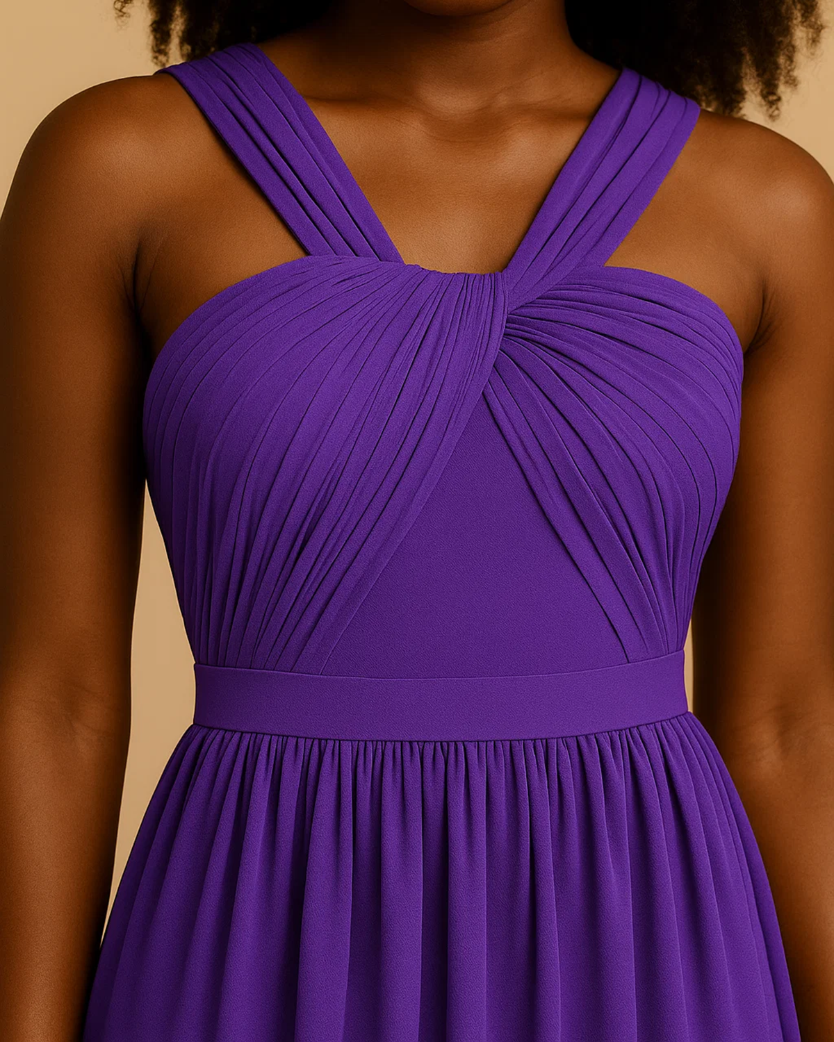 The Arabella bandeau evening gown in purple, made from sustainable recycled polyester. Shown from the upclose view view. Ethically made in London by ADKN