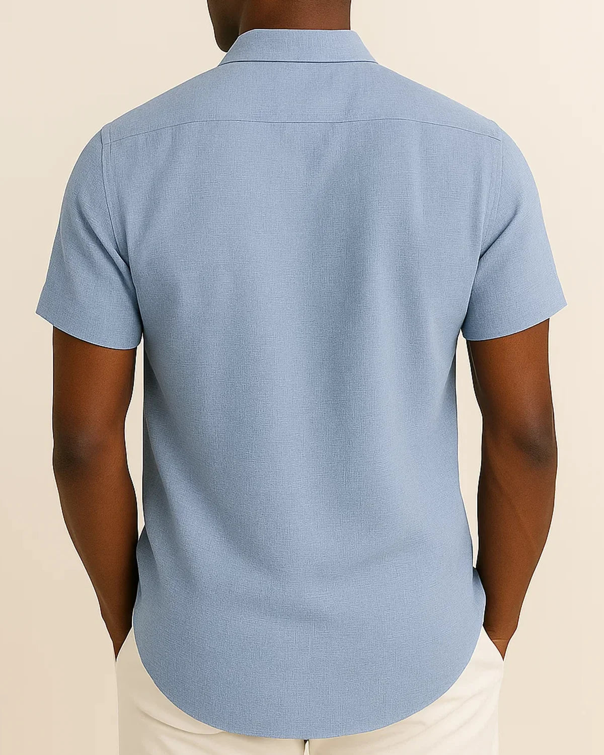 Rear view of blue linen blend shirt – men’s summer short sleeve shirt
