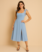Oceane Dusky Blue Wedding Guest Dress | Vegan Square Neck Midi