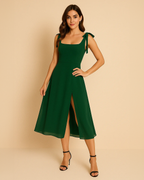 Oceane Emerald Green Square Neckline Dress | Ethical Wedding Guest Midi