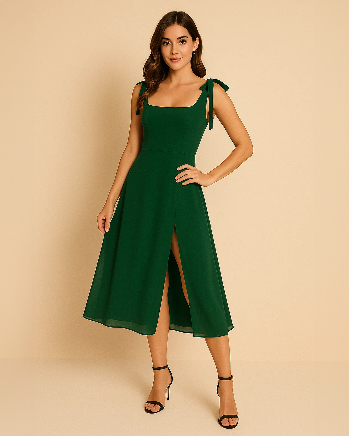 Oceane Emerald Green Square Neckline Dress | Ethical Wedding Guest Midi