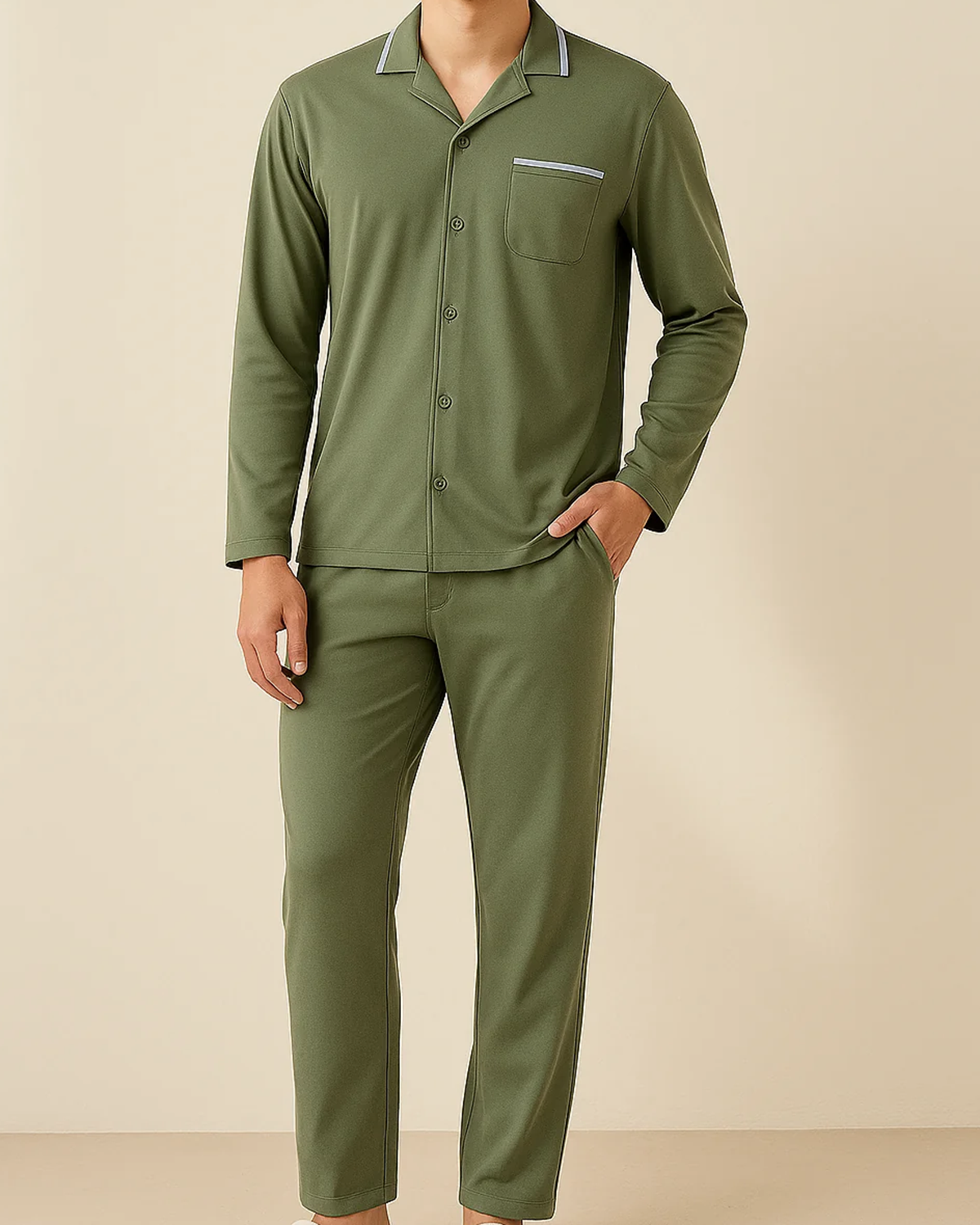 Khaki Men's Classic Button-Up Pyjama Set (Bamboo & Organic Cotton)