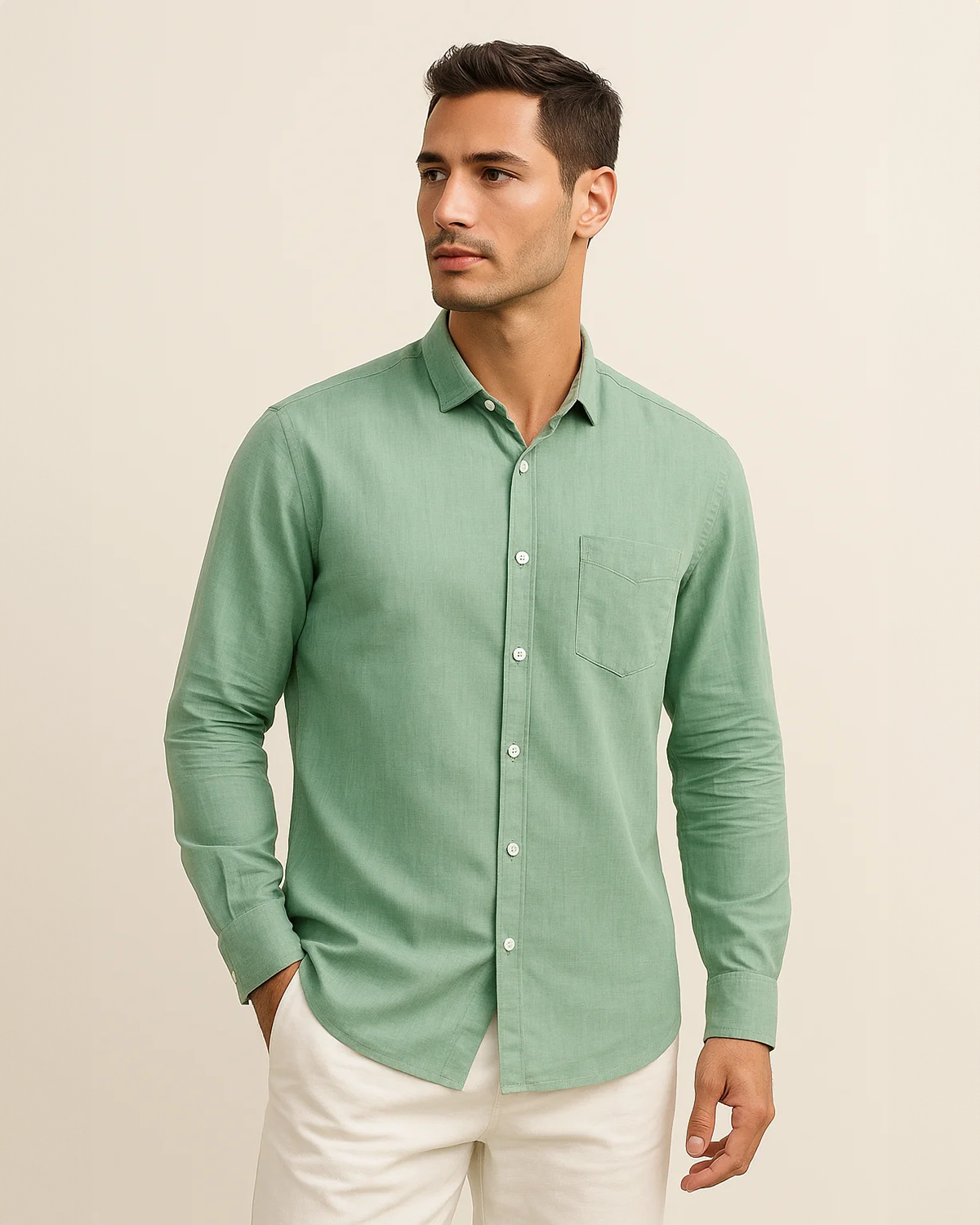 Men Long Sleeve Sage Green Linen Shirt