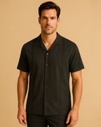 Men Black Cuban Linen Shirt - Short Sleeve Guayabera