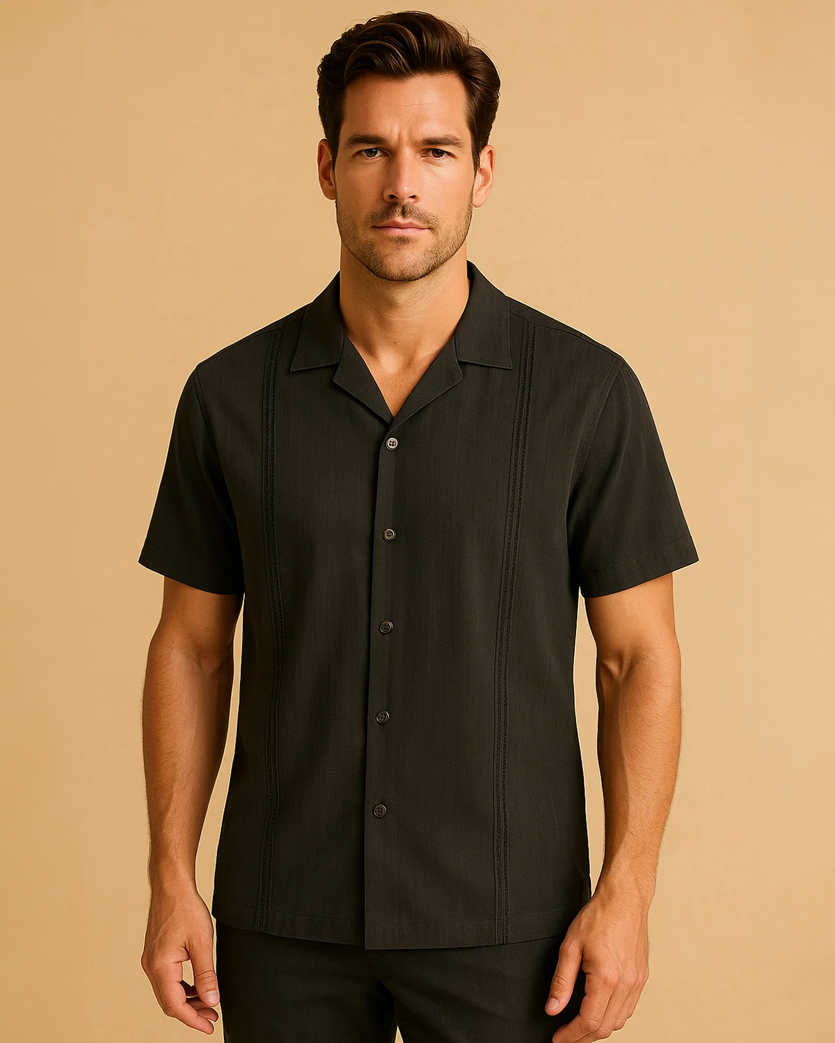 Men Black Cuban Linen Shirt - Short Sleeve Guayabera