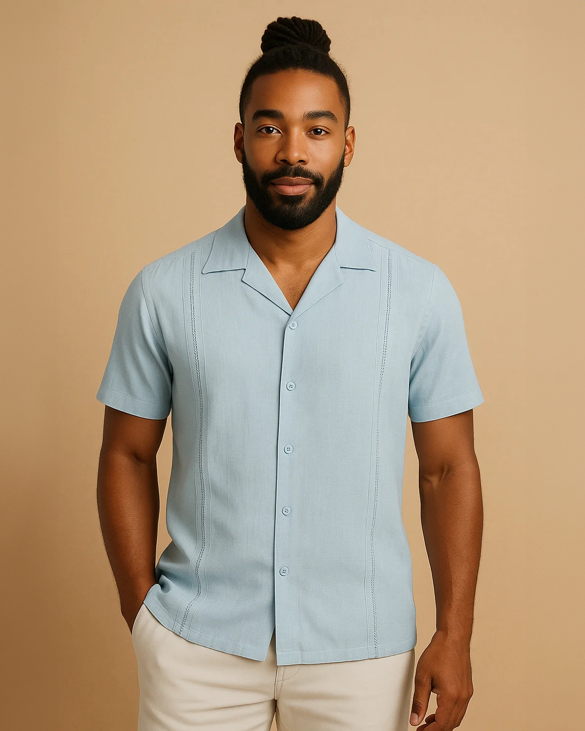 Men Linen Blue Cuban Shirt - Buttons Guayabera