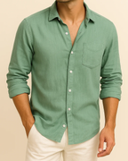 Men Long Sleeve Sage Green Linen Shirt