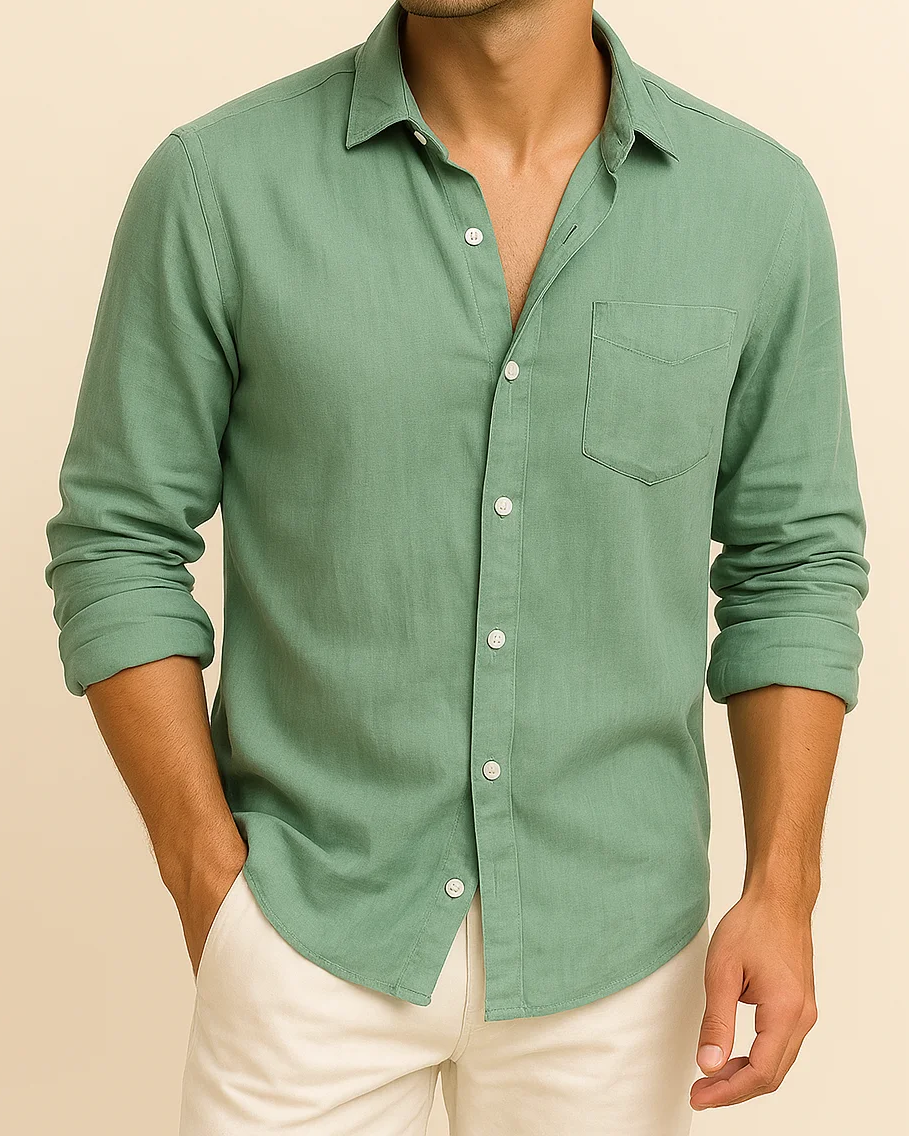 Men Long Sleeve Sage Green Linen Shirt