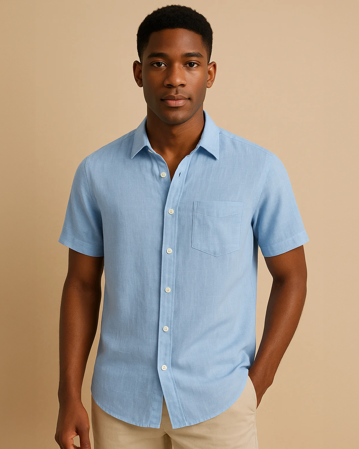 Men Button Down Blue Short Sleeve Shirt