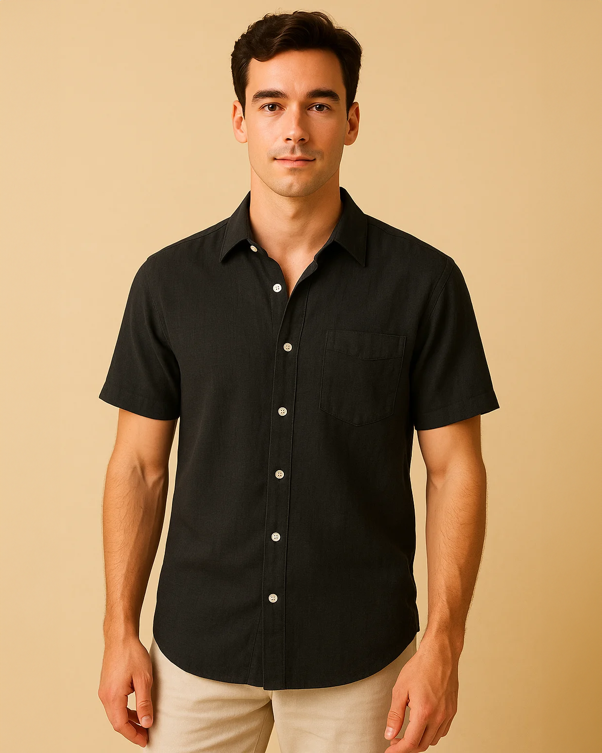 Men Short Sleeve Black Cotton and Linen Blend Shirt