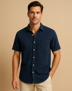 Men Short Sleeve Navy Shirt with Buttons
