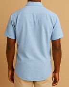 Men Button Down Blue Short Sleeve Shirt