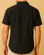 Men Short Sleeve Black Cotton and Linen Blend Shirt