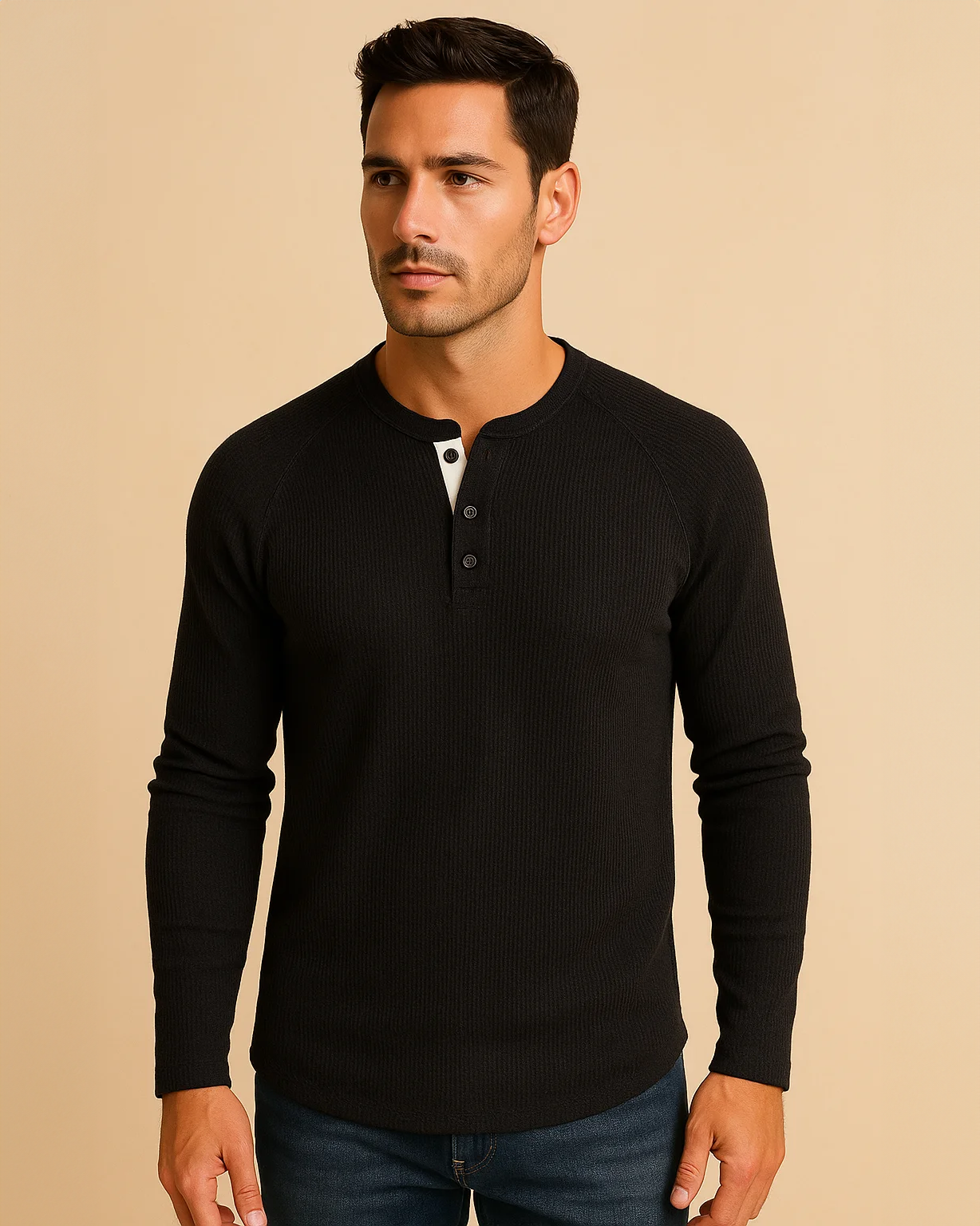 Long Sleeve Henley Top in Waffle Texture
