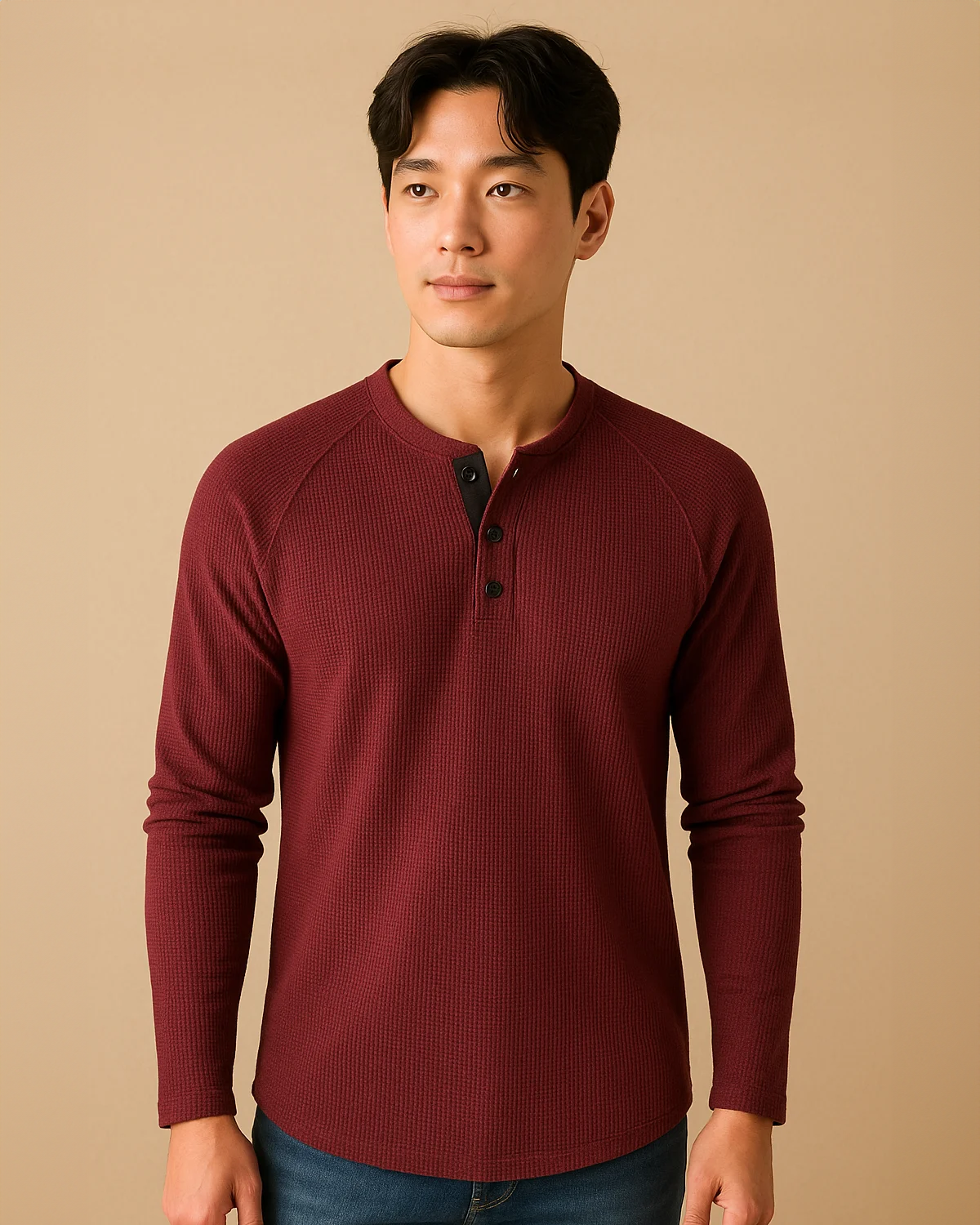 Long Sleeve Henley Top in Waffle Texture