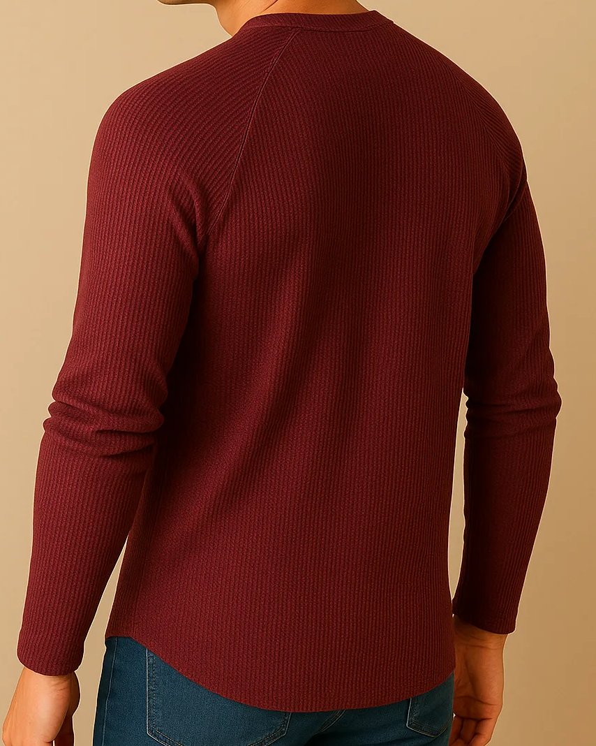 Long Sleeve Henley Top in Waffle Texture
