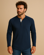 Long Sleeve Henley Top in Waffle Texture
