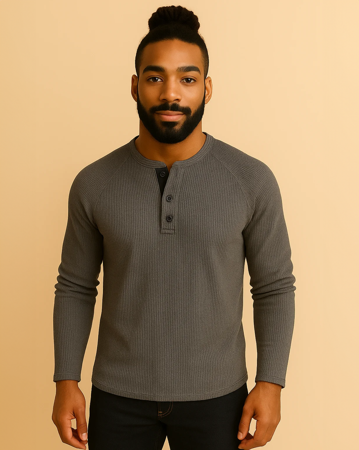 Long Sleeve Henley Top in Waffle Texture