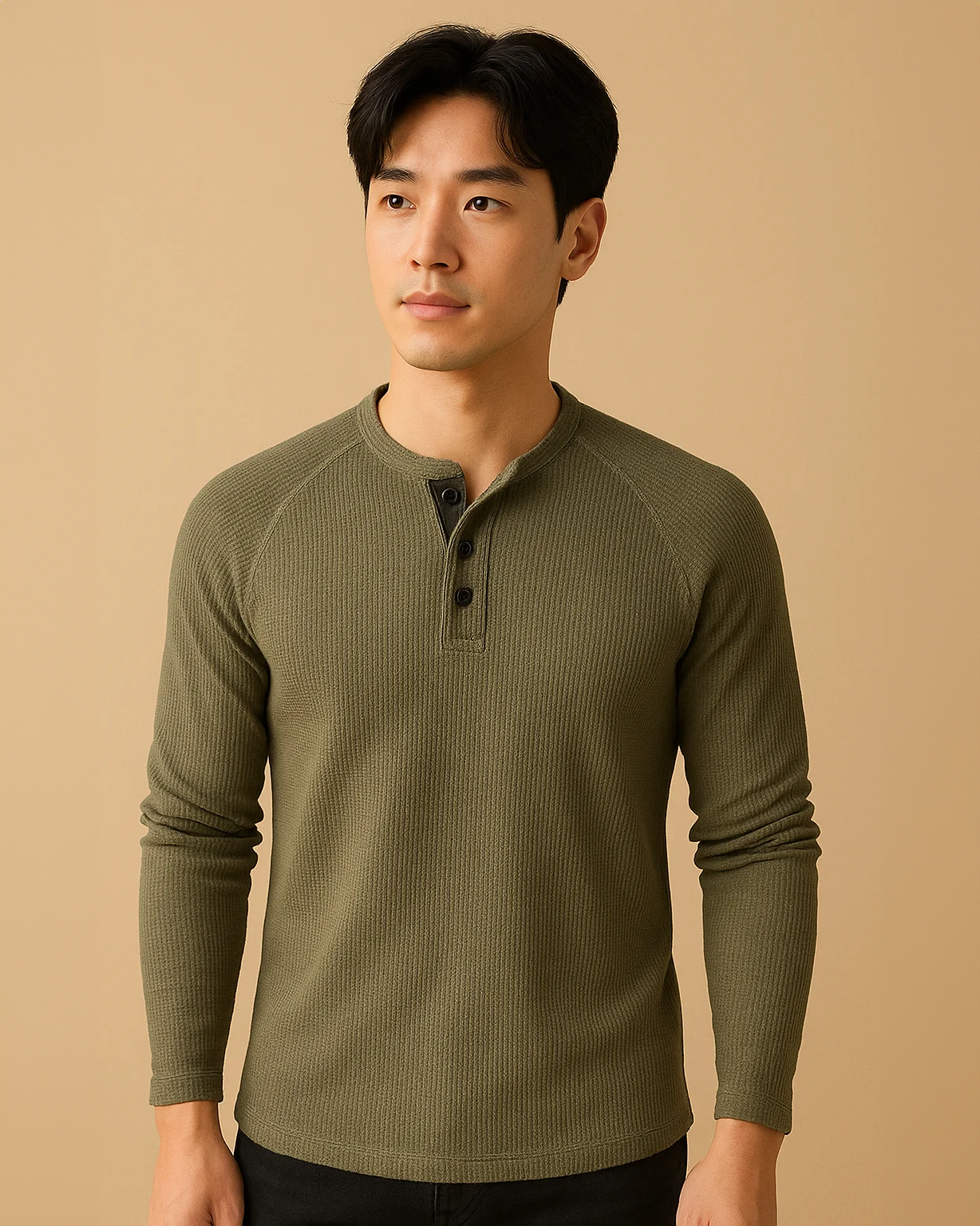 Long Sleeve Henley Top in Waffle Texture
