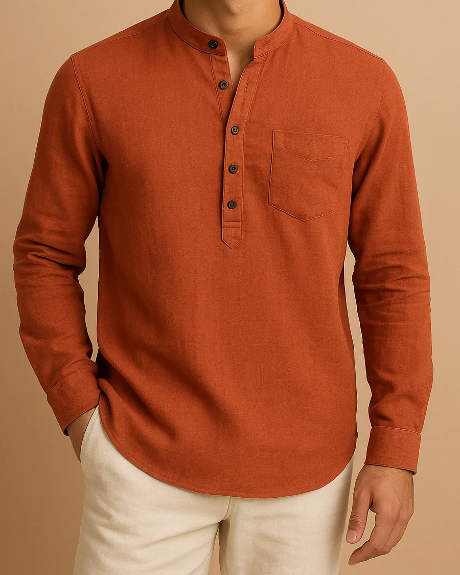 Men Burnt Orange Long Sleeve Henley Shirt