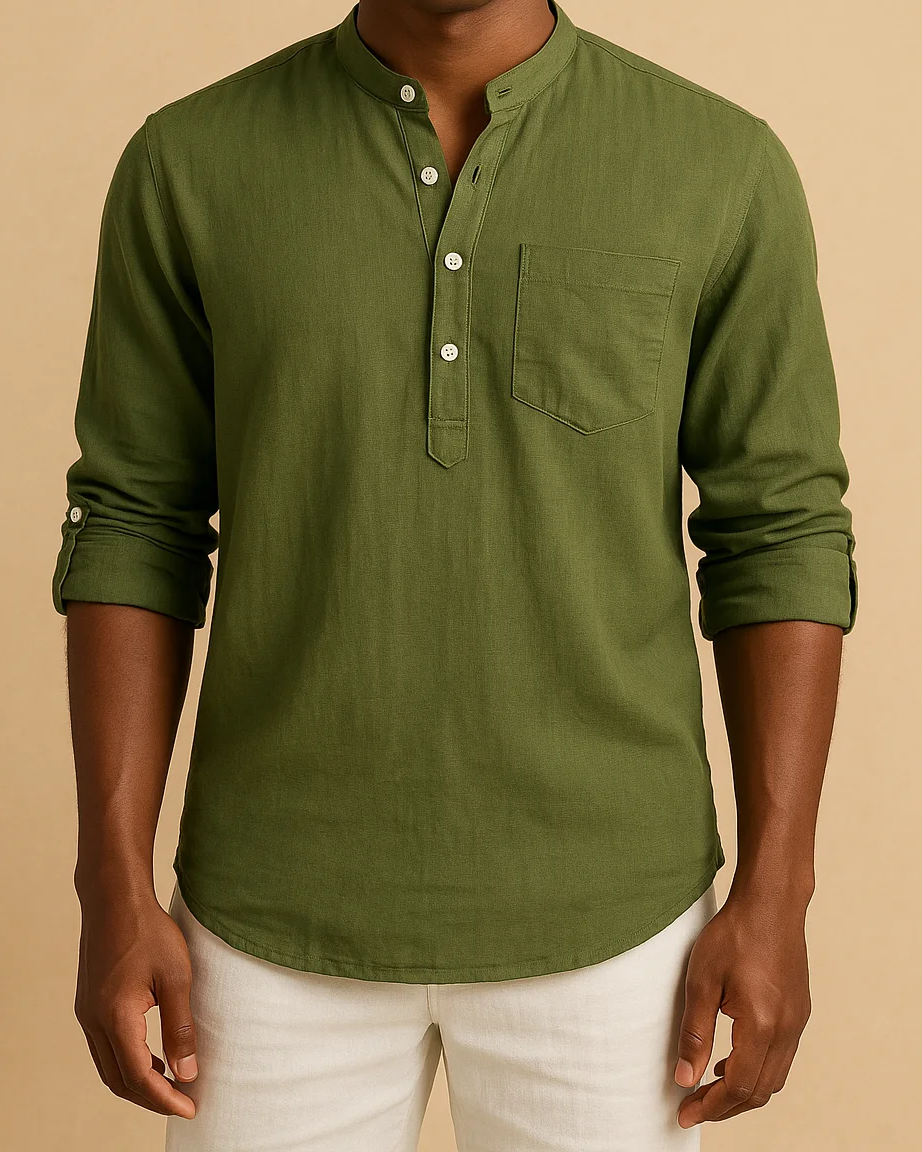 Men Long Sleeve Green Grandad Collar Shirt