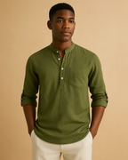 Men Long Sleeve Green Grandad Collar Shirt