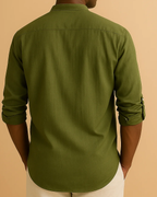 Men Long Sleeve Green Grandad Collar Shirt