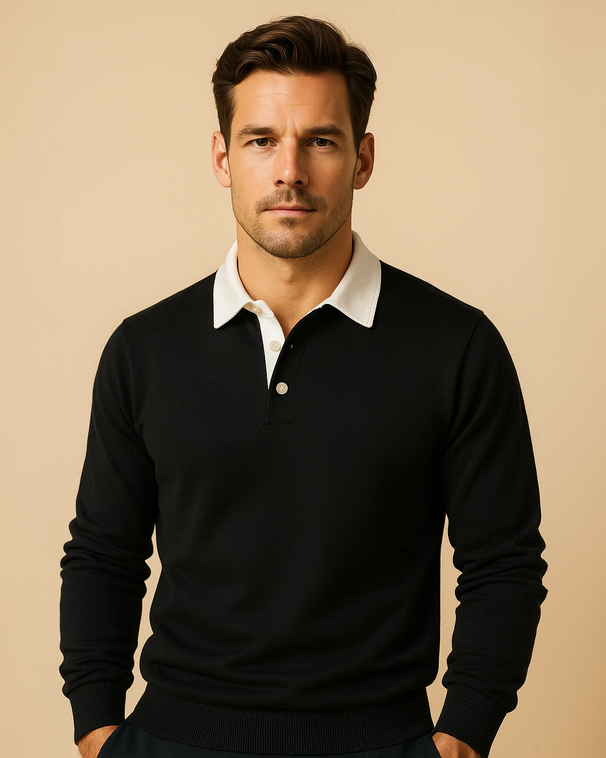 Men Long Sleeve Polo Jumper with Contrasting Collar