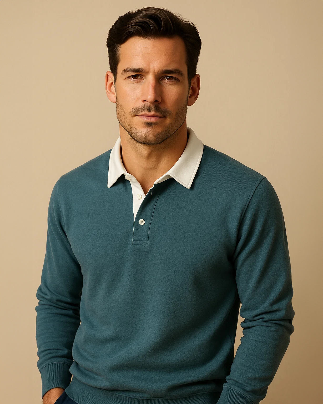Men Long Sleeve Polo Jumper with Contrasting Collar