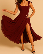 Aureline Chiffon Long Dress with Square Neckline