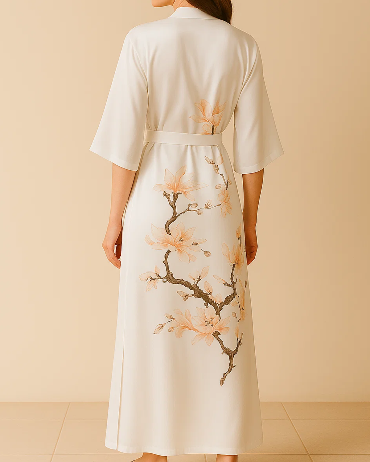 Satin Long Kimono Robe with Floral Print - Japanese Dressing Gown