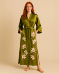 Satin Long Kimono Robe with Floral Print - Japanese Dressing Gown
