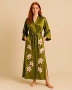 Satin Long Kimono Robe with Floral Print - Japanese Dressing Gown