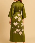 Satin Long Kimono Robe with Floral Print - Japanese Dressing Gown