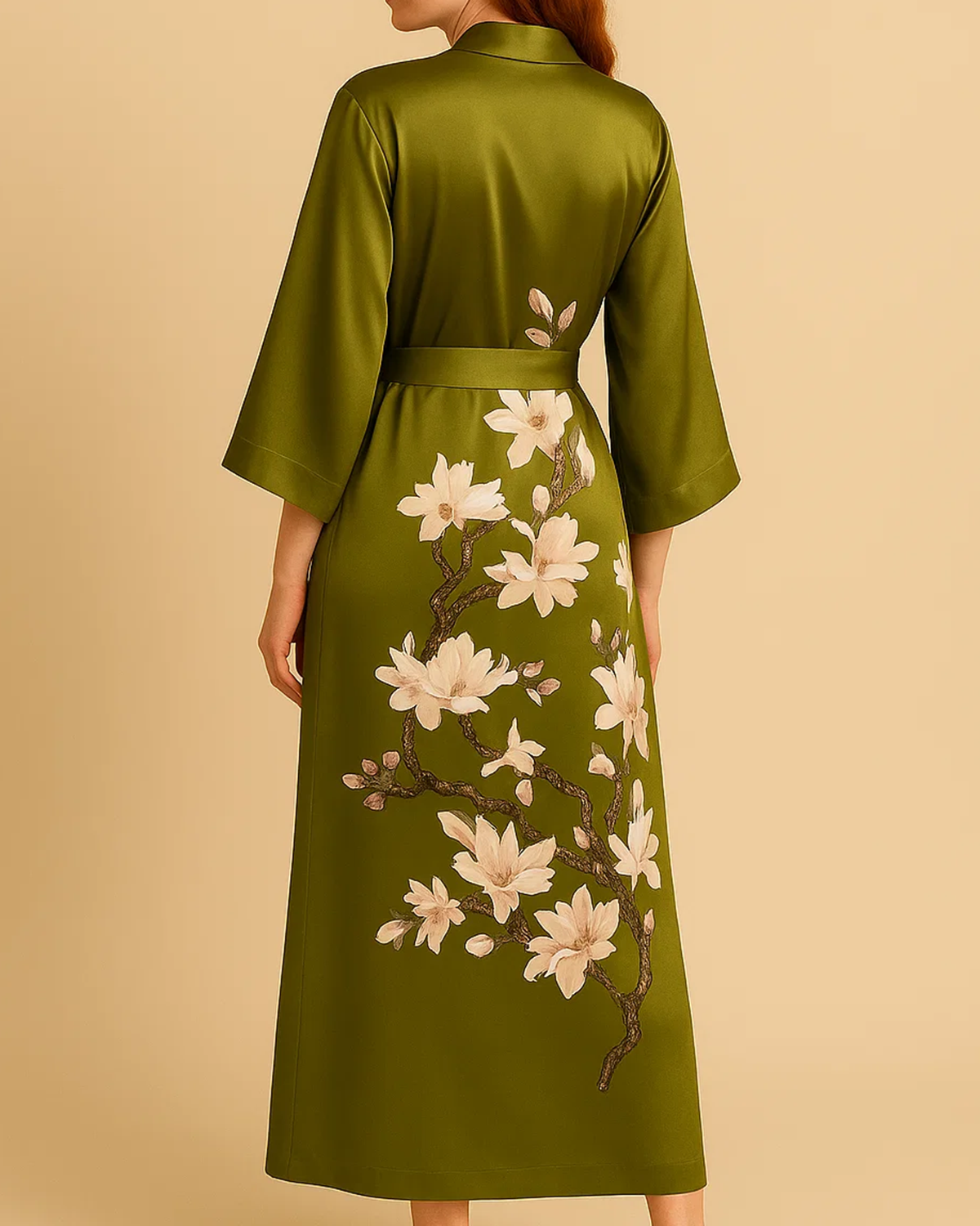 Satin Long Kimono Robe with Floral Print - Japanese Dressing Gown
