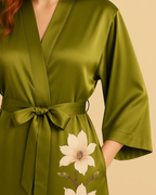 Satin Long Kimono Robe with Floral Print - Japanese Dressing Gown