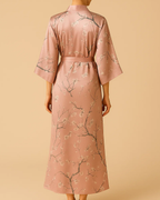 Satin Long Kimono Robe with Floral Print - Japanese Dressing Gown