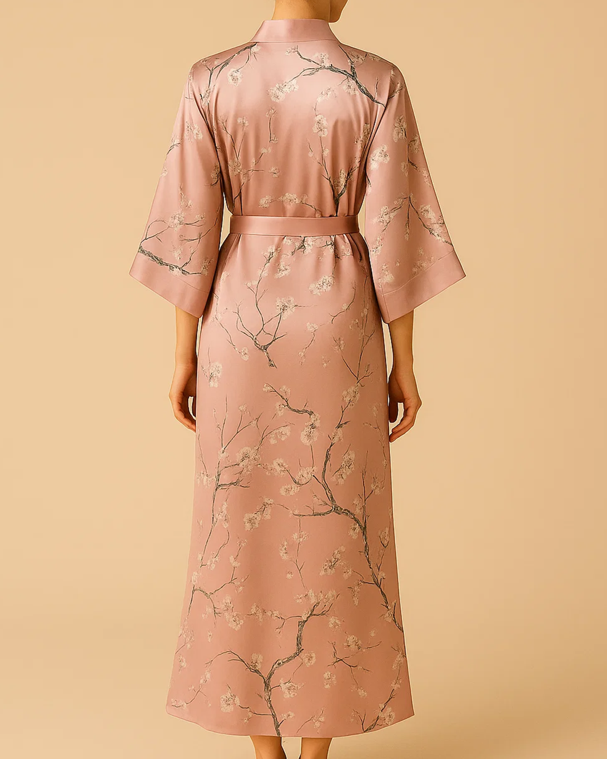 Satin Long Kimono Robe with Floral Print - Japanese Dressing Gown