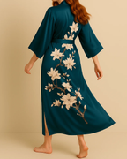 Satin Long Kimono Robe with Floral Print - Japanese Dressing Gown