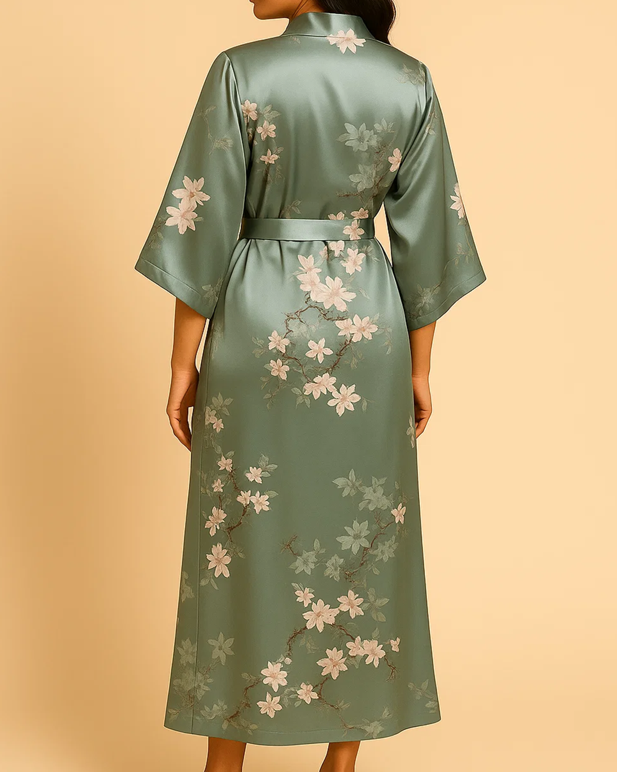 Satin Long Kimono Robe with Floral Print - Japanese Dressing Gown