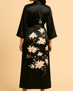Satin Long Kimono Robe with Floral Print - Japanese Dressing Gown