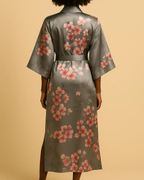 Satin Long Kimono Robe with Floral Print - Japanese Dressing Gown