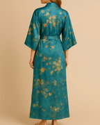 Satin Long Kimono Robe with Floral Print - Japanese Dressing Gown